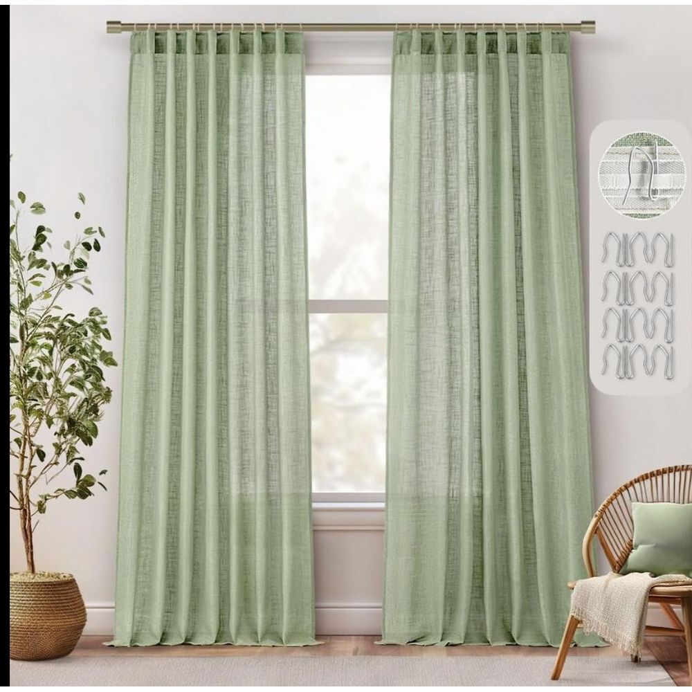 Sage Green Linen Curtains 120‎ Inches Long 2 Panels for Bedroom